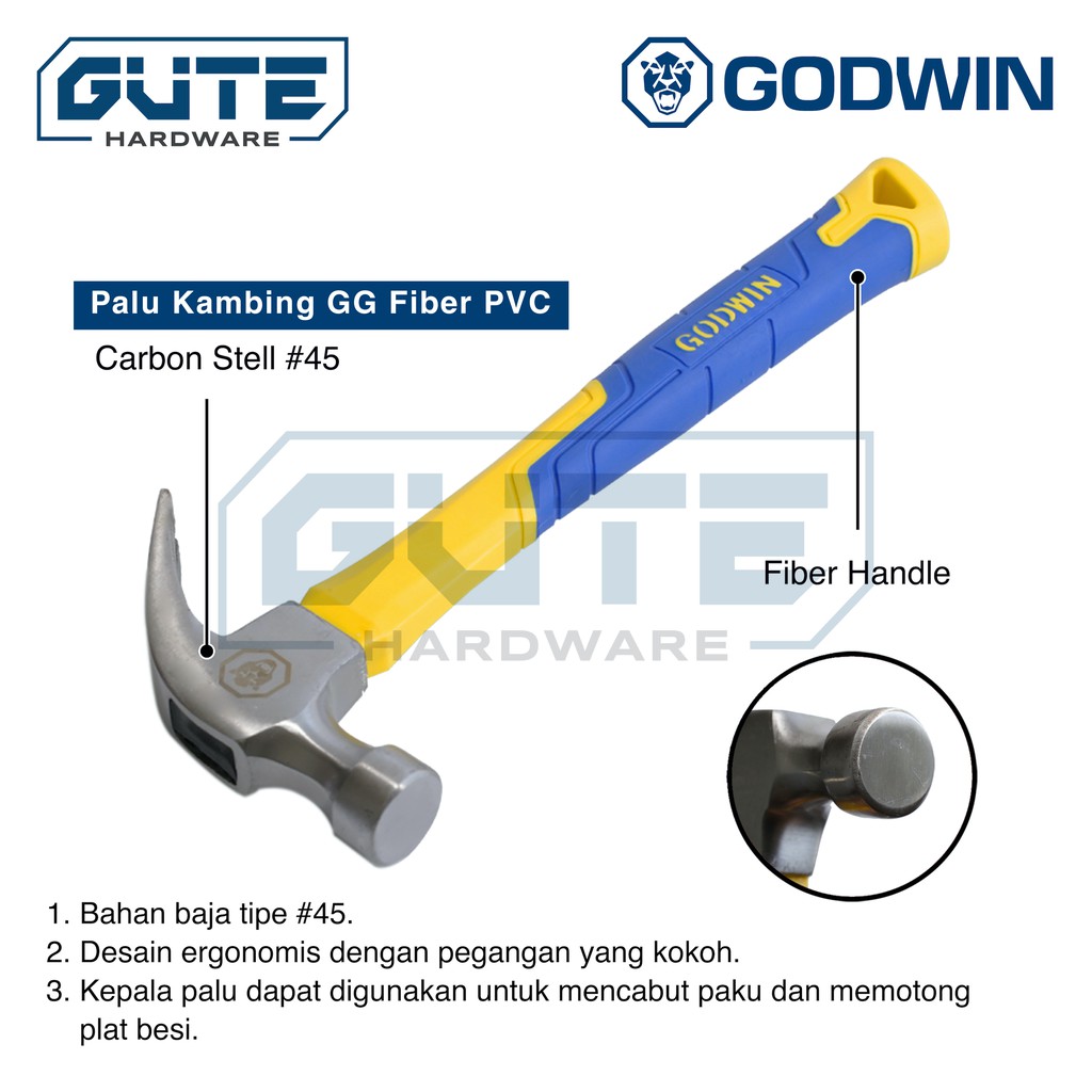 Palu Kambing Gagang Fiber / Claw Hammer &quot;Godwin&quot; Carbon Steel Asli!