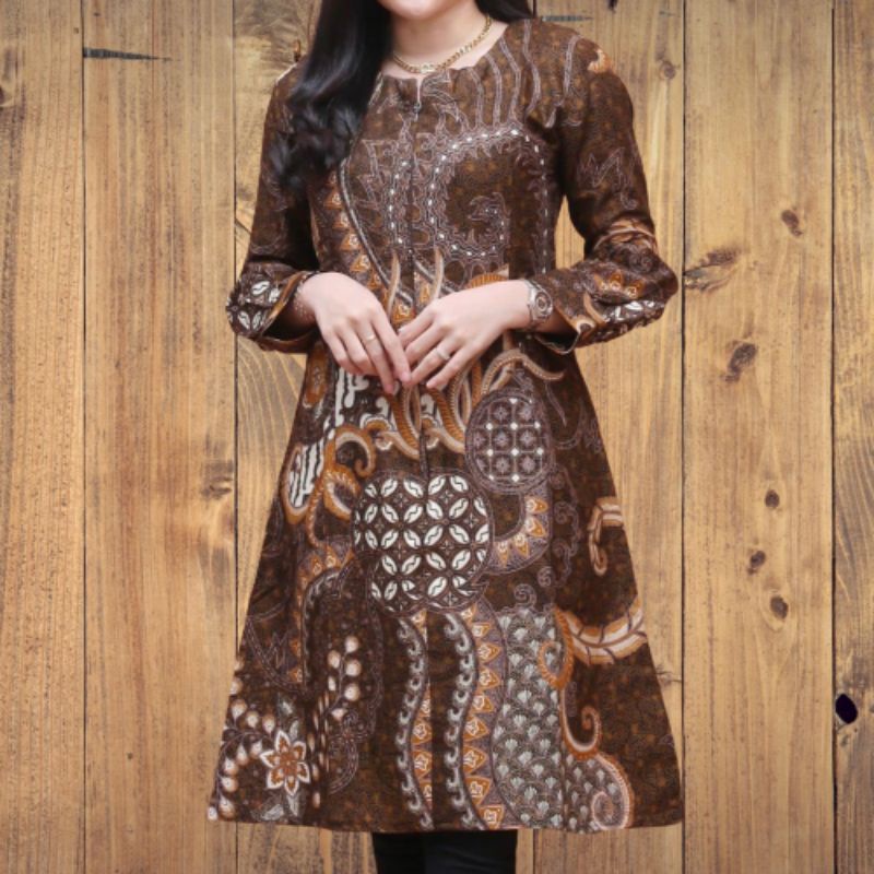 tunik batik pola kawung original arta batik super seragam kerja kantor pakaian wanita menyusui resle