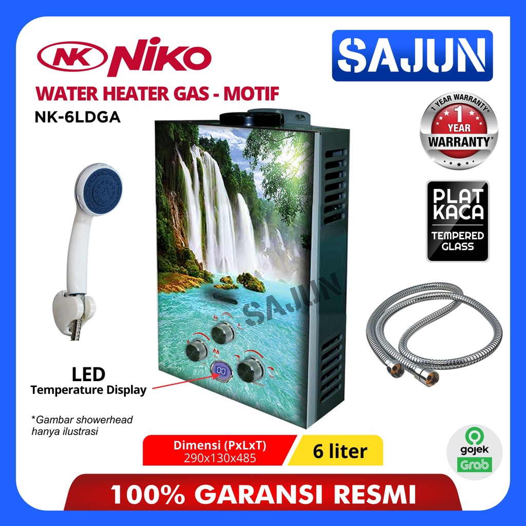 Water Heater Gas Niko NK-6LDGA/B/C/D Digital LED Display Motif (KACA) - NK-6LDGA