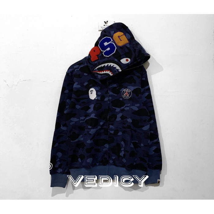 HOODIE JAKET BAPE x PSG BLUE NAVY CAMO SHARK SUPER MIRROR 1:1 ORI