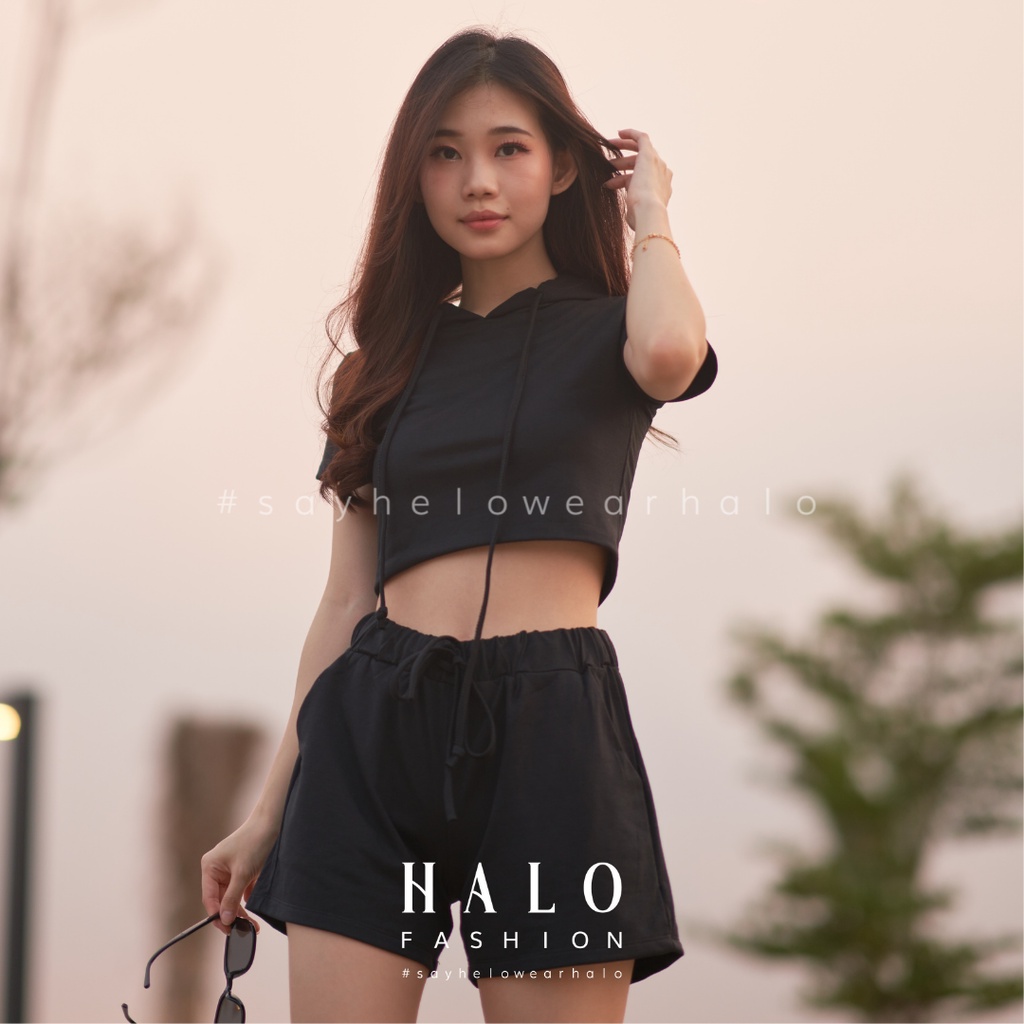 [HaloFashion] Valerie Sexy Set Hoodie Crop Top + Hot Pants Basic One Set Korean Fashion