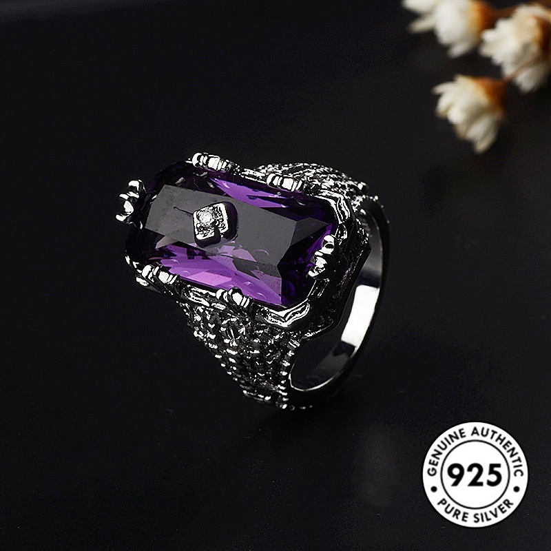 Cincin Bentuk Persegi Panjang Model Hollow Bahan S925 Silver Untuk Wanita