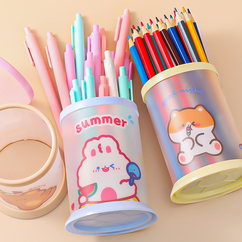 Creative Frosted Transparent Cartoon Pen Holder Student DIY Waterproof Round Pen Box