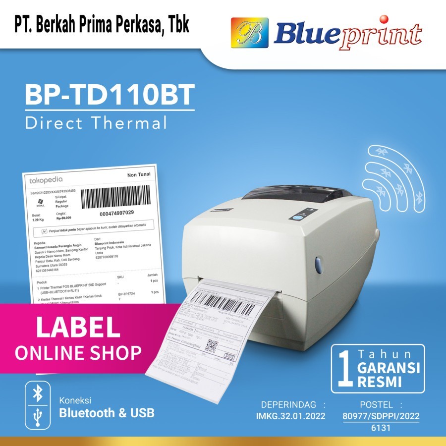 Printer Thermal Barcode Resi Bluetooth BLUEPRINT BP TD110BT Resmi