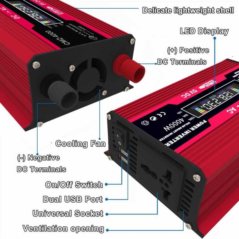 Power Inverter Mobil Arus DC 12V to AC 220V 4000W Smart Cooling Fan