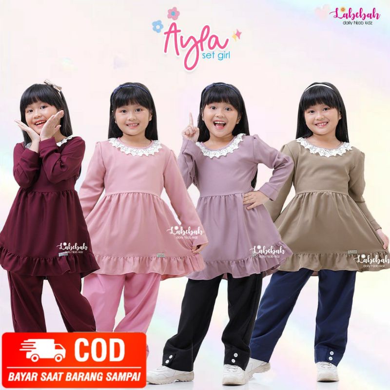 LABEBAH SETELAN MUSLIM CELANA ANAK PEREMPUAN USIA 5-9 TAHUN ATASAN TUNIK RENDA CANTIK BAHAN AUDY TWI