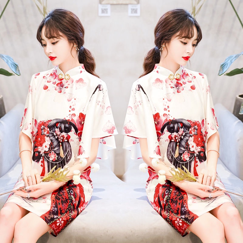 New printed cheongsam 202mm women's dress with large sleeves