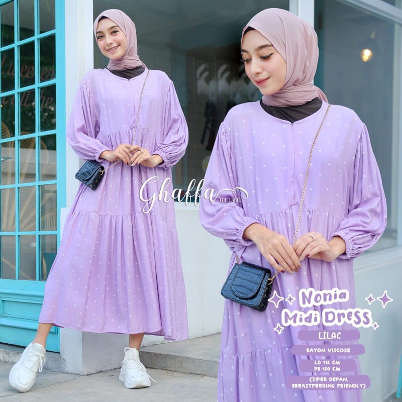 Gaffa Nonia MIDI Dress Blouse Motif Wanita Kekinian Vintage Viscose Uniqlo Pastel Solo Lengan Panjan