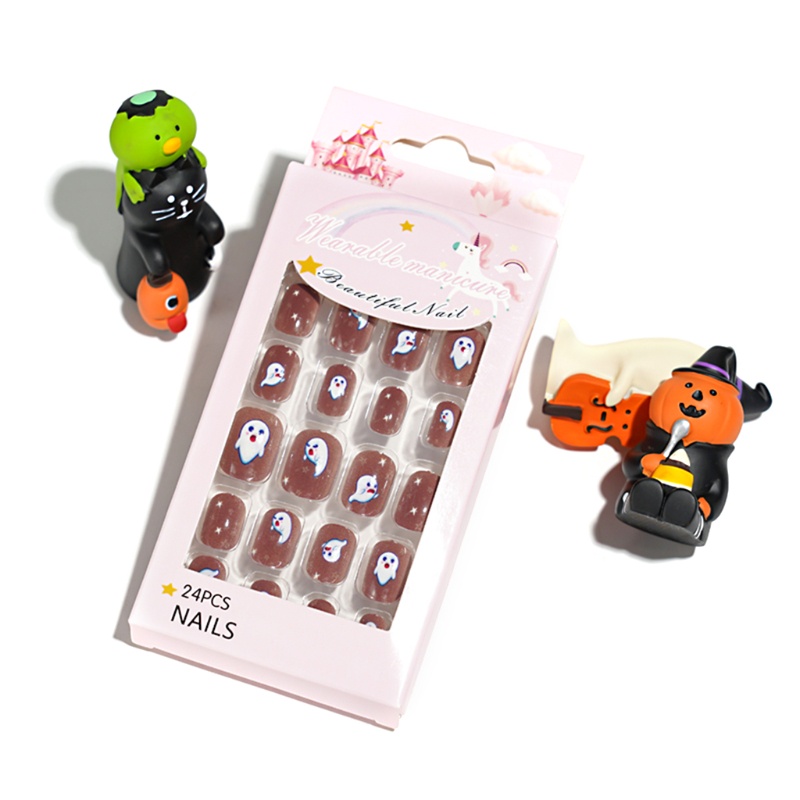 Kuku Palsu Model Press on Desain Labu Penyihir Halloween Aneka Warna Untuk Anak Dan Dewasa