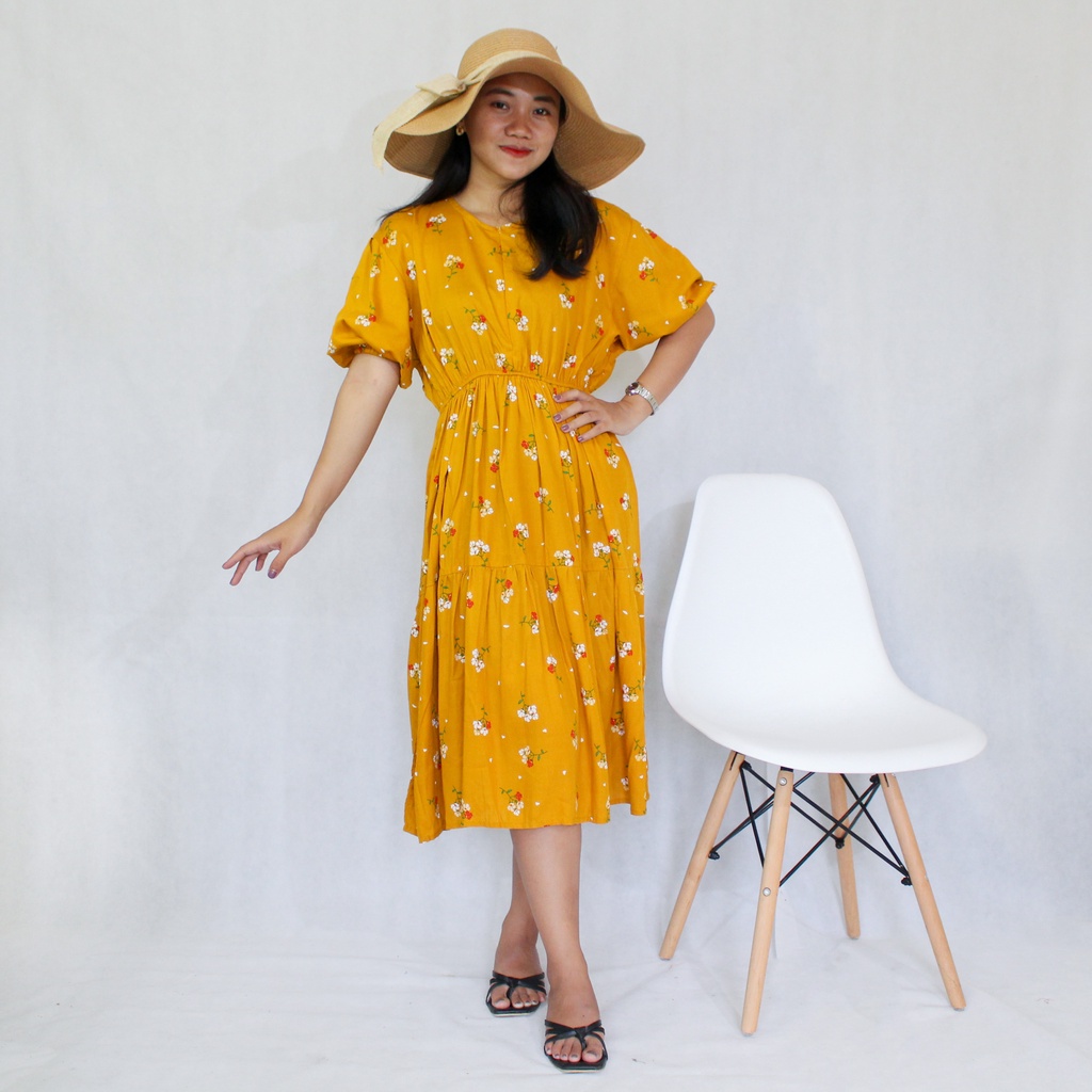 CUCI GUDANG | Amelia Dress / Daster Midi Ruffle LD 110 Lengan Balon Home Wear Rempel Panjang Bawah L