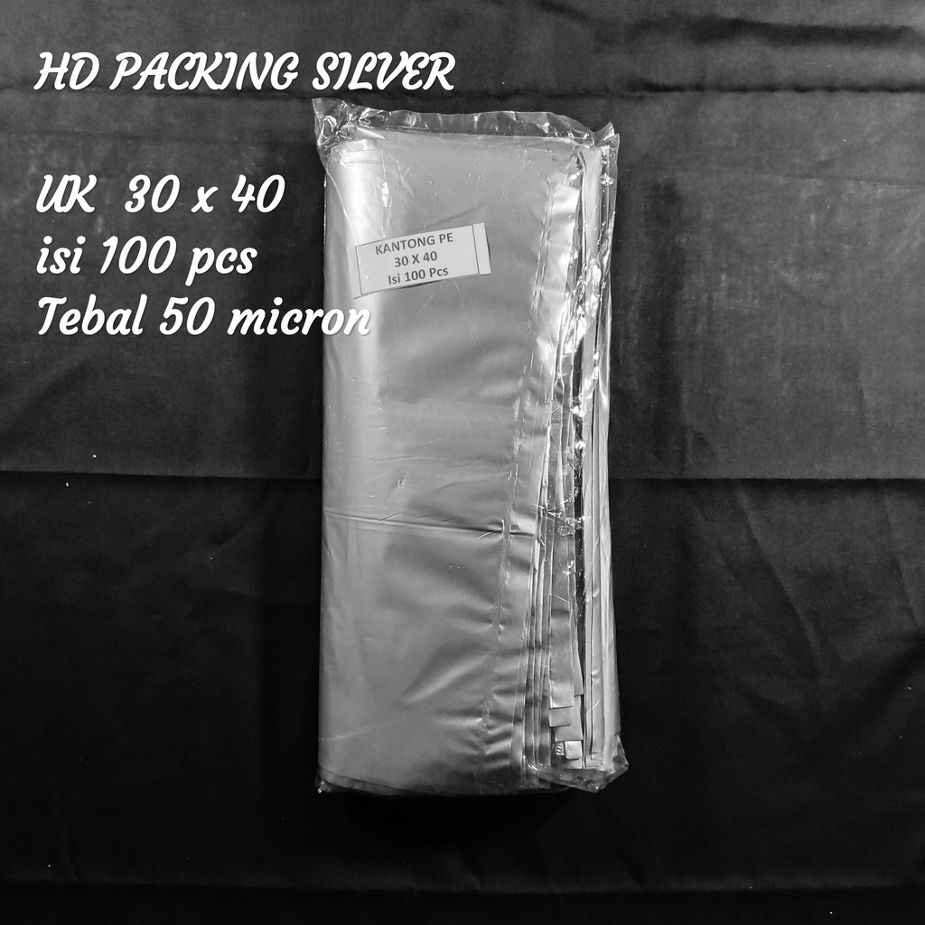 Plastik Packing uk 30x40 (isi 100 pcs) / 25x35 (isi 100 pcs)/ 20x30 (isi 100pcs) / 40x50 (isi 50 pcs), HD Packing, Kantong bungkus Paket warna Silver