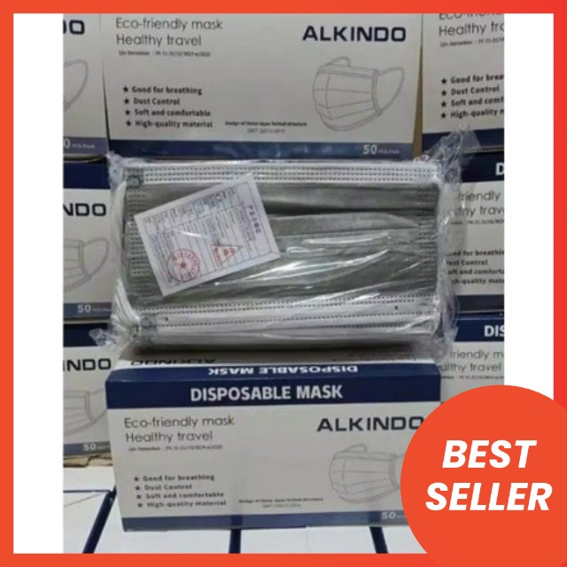 MASKER MEDIS ALKINDO 3PLY IZIN KEMENKES ISI 50PCS WARNA ABU ABU