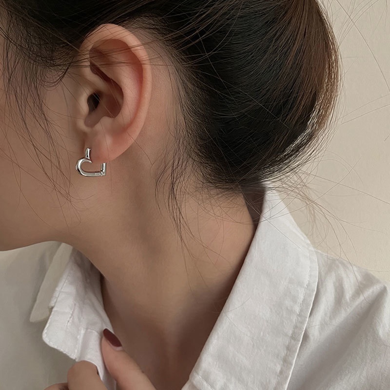 Papaozhu Minimalis s925 Perak Berongga Jantung Hoop Anting Untuk Wanita Gadis Chic Fashion Telinga Perhiasan