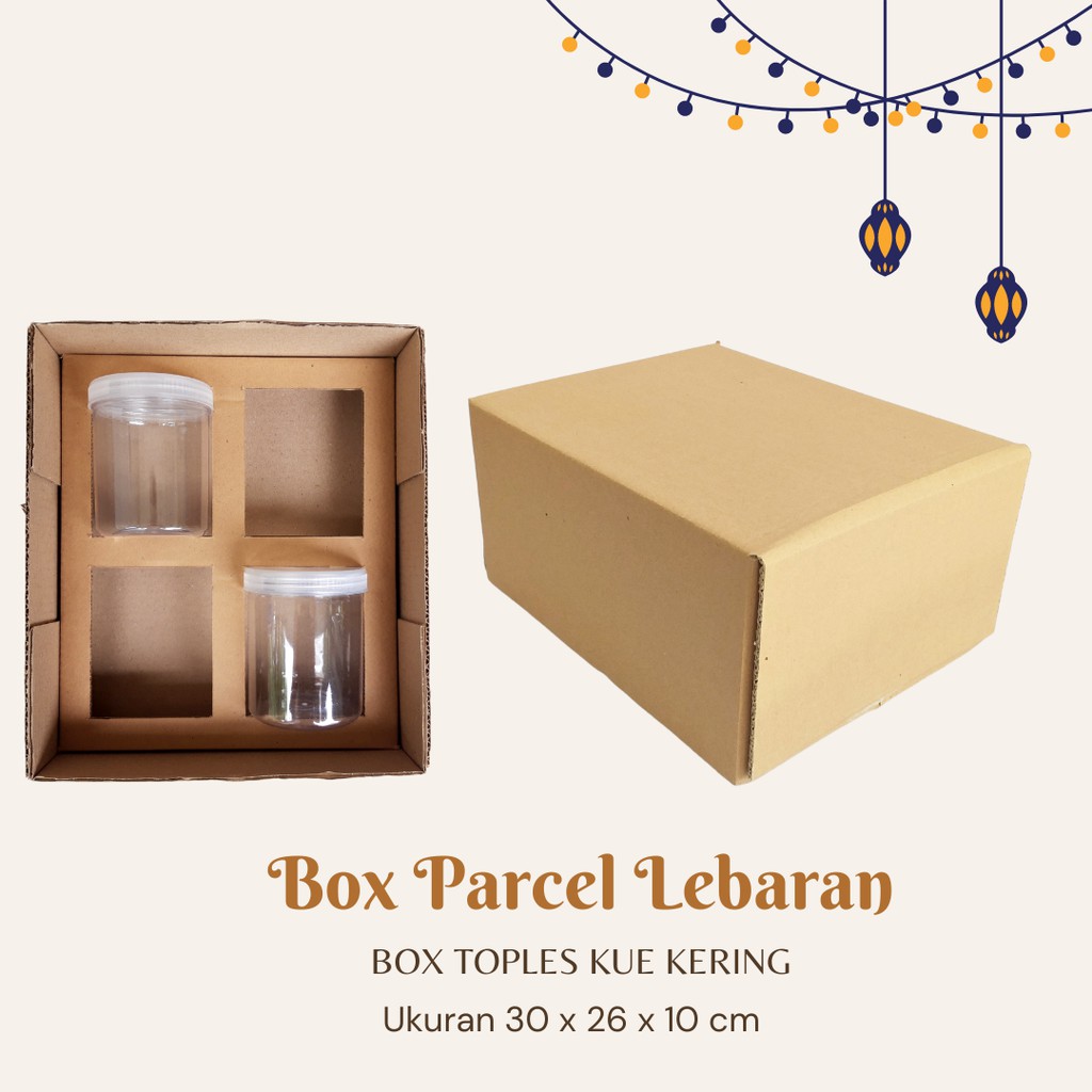 

Kardus Kue Kering Lebaran Ukuran 30x26x10 cm Top Bottom Muat 4 Pcs Toples