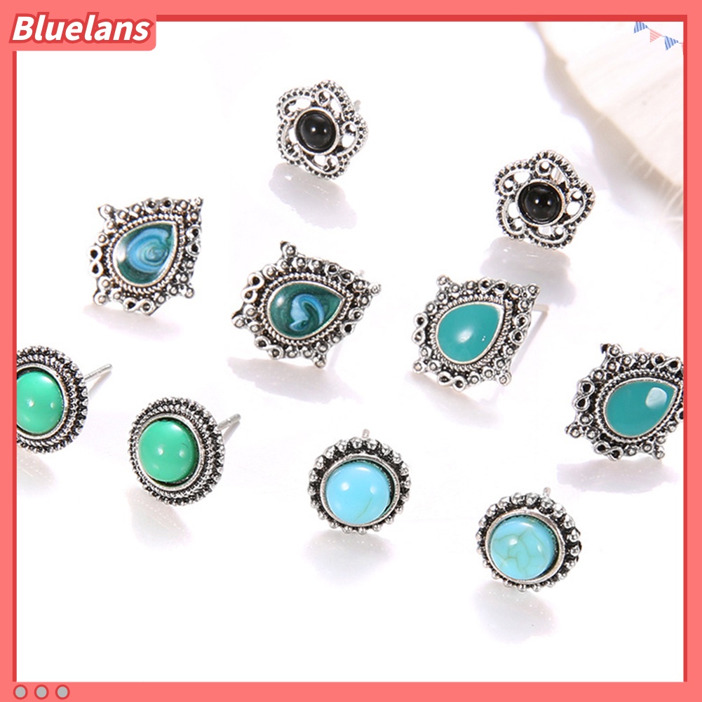 Bluelans 5 Pasang Anting Tusuk Gantung Desain Bunga Hias Turquoise Imitasi Gaya Bohemian Untuk Wanita