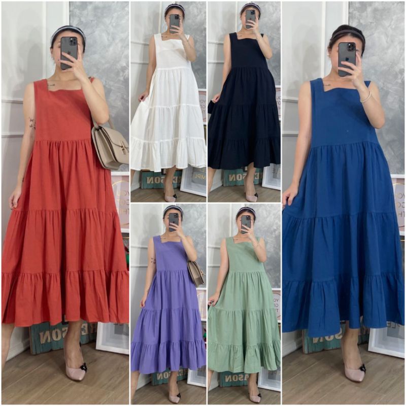 ⚡️ SALE ⚡️ PREMIUM ♡ ORIGINAL ! LIVIANNE VINTAGE LESS SLEEVE TRAP LAYER FLARE MIDI DRESS OVERALL OUTER ( BUMIL &amp; HIJAB FRIENDLY )