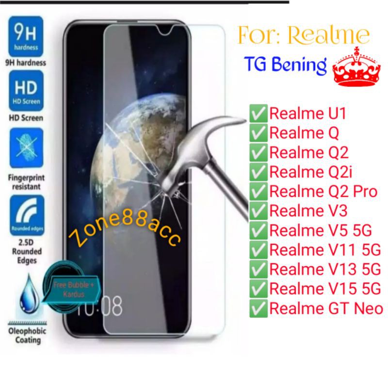 Realme U1 Q Q2 Q2i Pro V3 V5 V11 V13 V15 GT Neo Antigores Bening Tempered Glass Screen protector TG