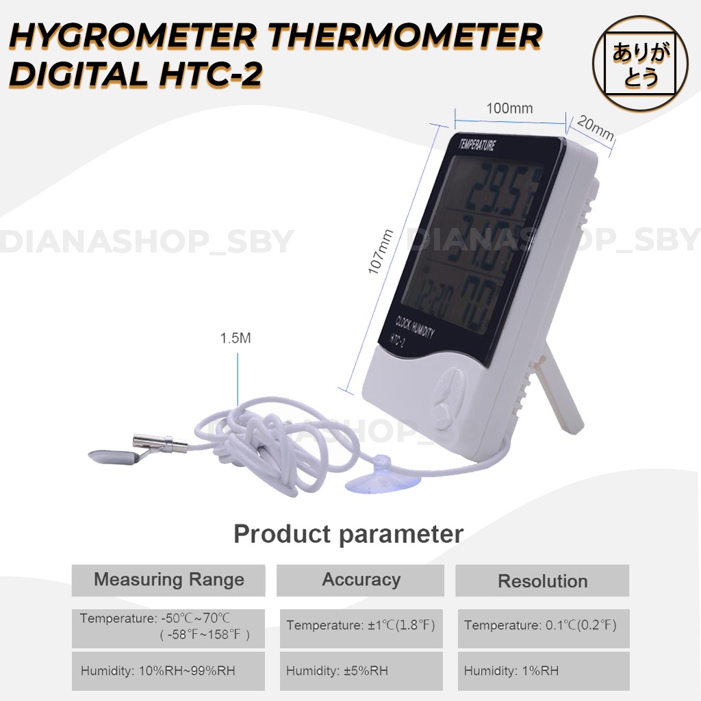 HTC-2 HYGROMETER TERMOMETER  ALAT UKUR SUHU TEMPERATUR RUANGAN FREEZER CLOCK