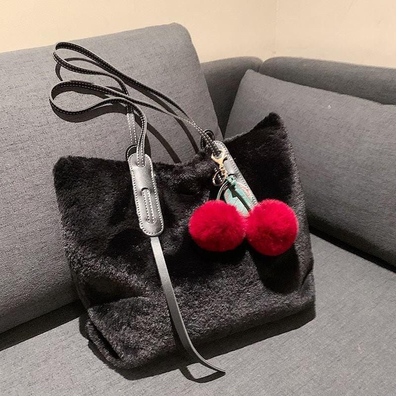 Tas Tote Bulu Beludru Cherry / Tas Wanita Bulu Tas TOTE BAG HOBO CHERRY KEISHA Bahan Bulu Korea Import Lembut Soft Fluffy Muat Banyak Tas Remaja