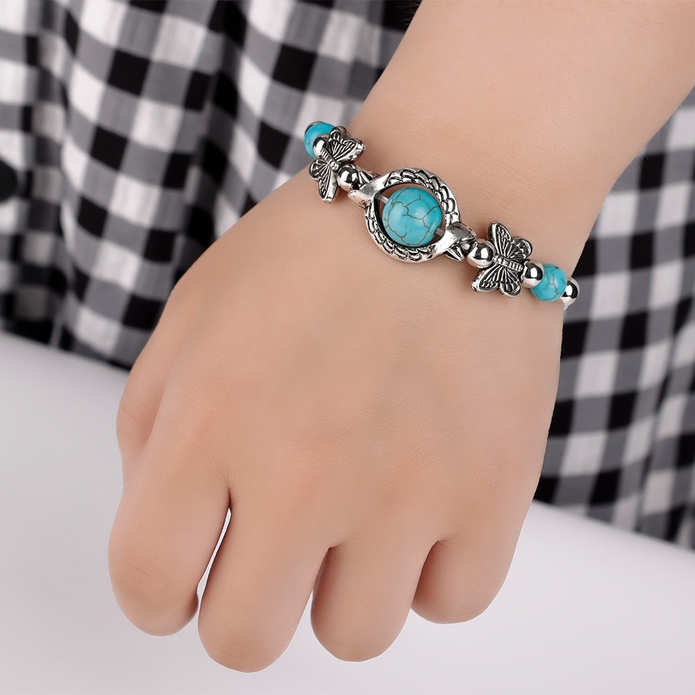 Gelang Bangle Manik Turquoise Biru Hias Kupukupu Gaya Boho Vintage Untuk Wanita