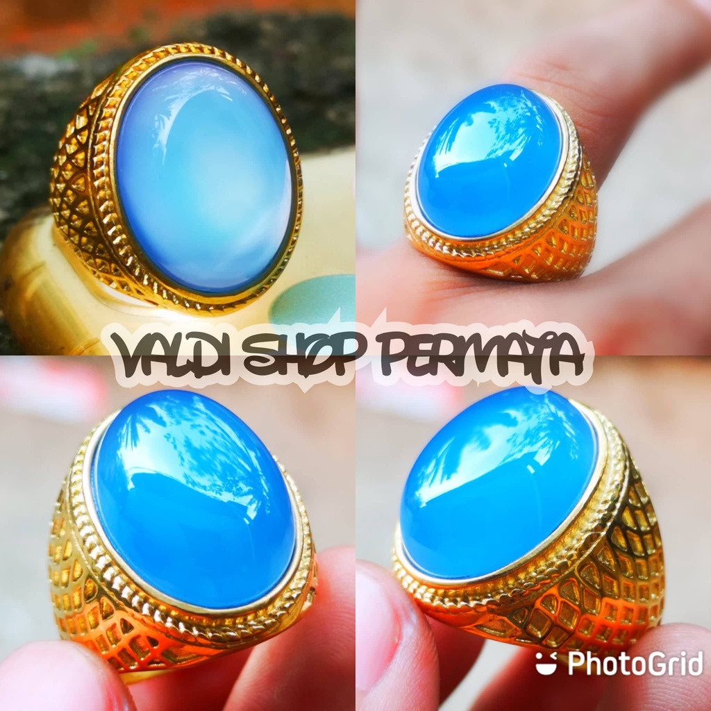 Cincin Batu Akik Asli Natural Blue Spyrtus Biru Langit Chalchedony Kristal Szie Kantoran Titanium Ri