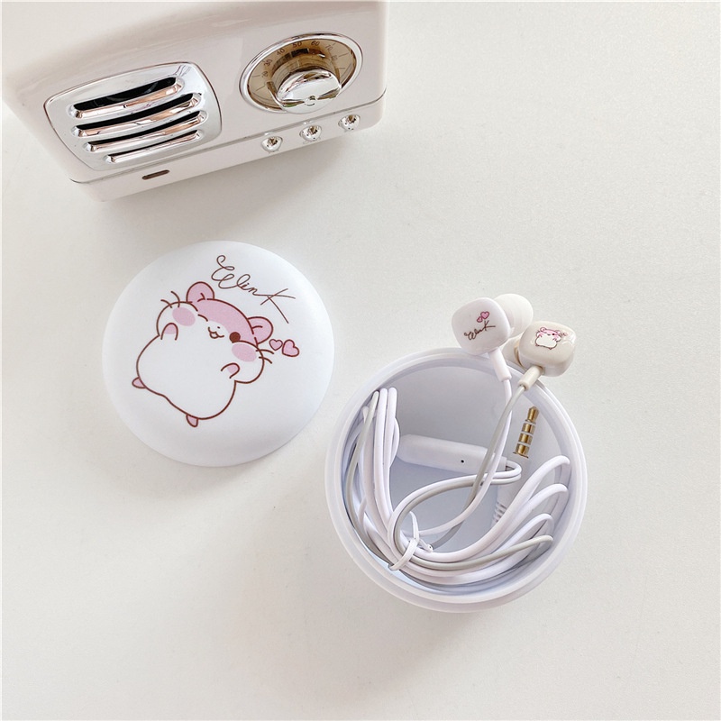 Headset Earphone Kabel Jack 3.5mm Dengan Mic + Kotak Penyimpanan Motif Kartun Untuk Wanita