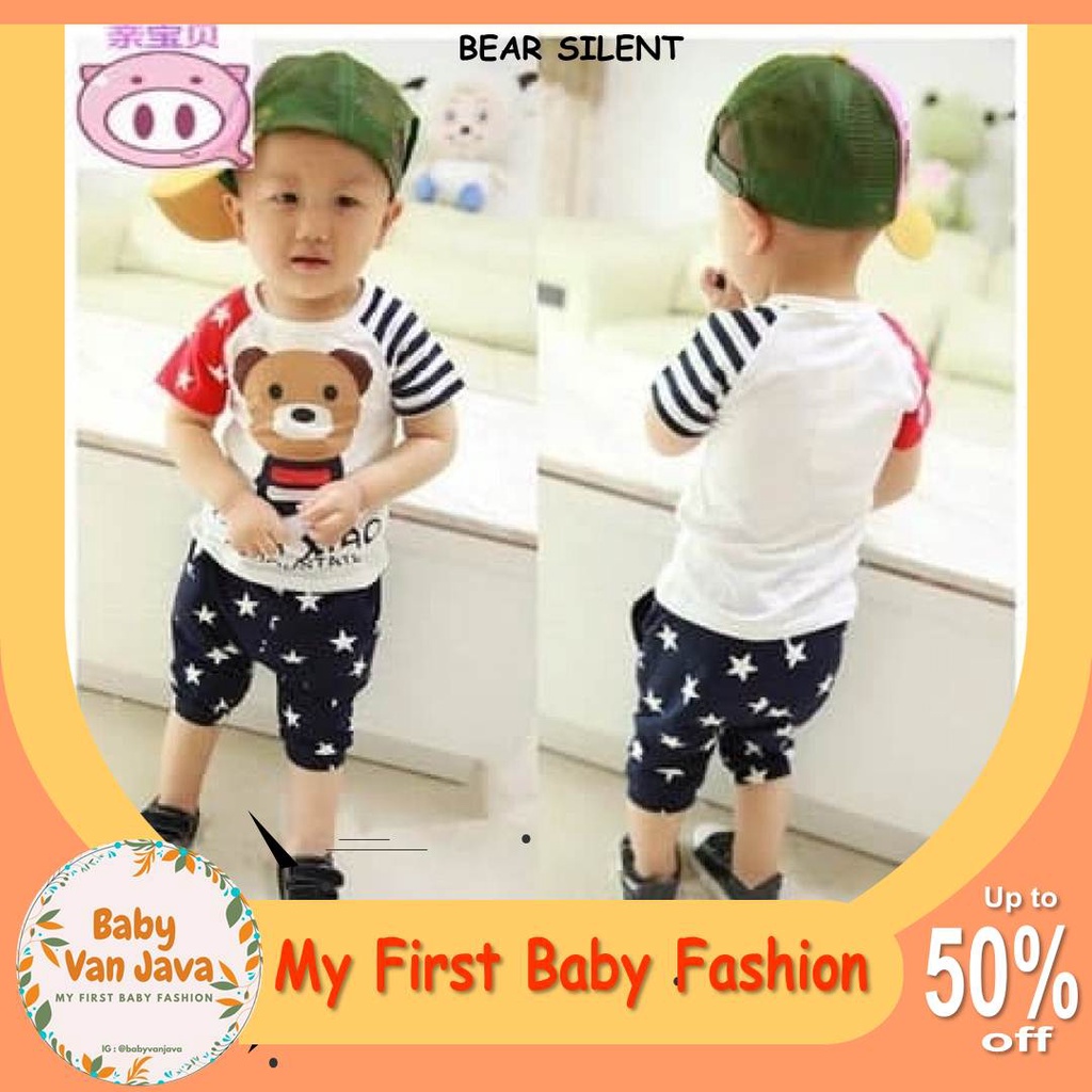 Baju Anak Laki Laki Setelan Kaos Baju Pakaian Setelan Bear Silent Bayi  1 tahun-3 tahun