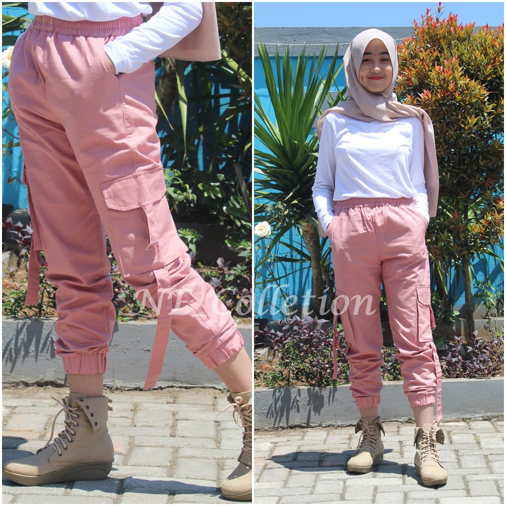 Celana Jogger Tactical Celana Cargo Slim Fit Wanita Zailna Skirt Warna Peach