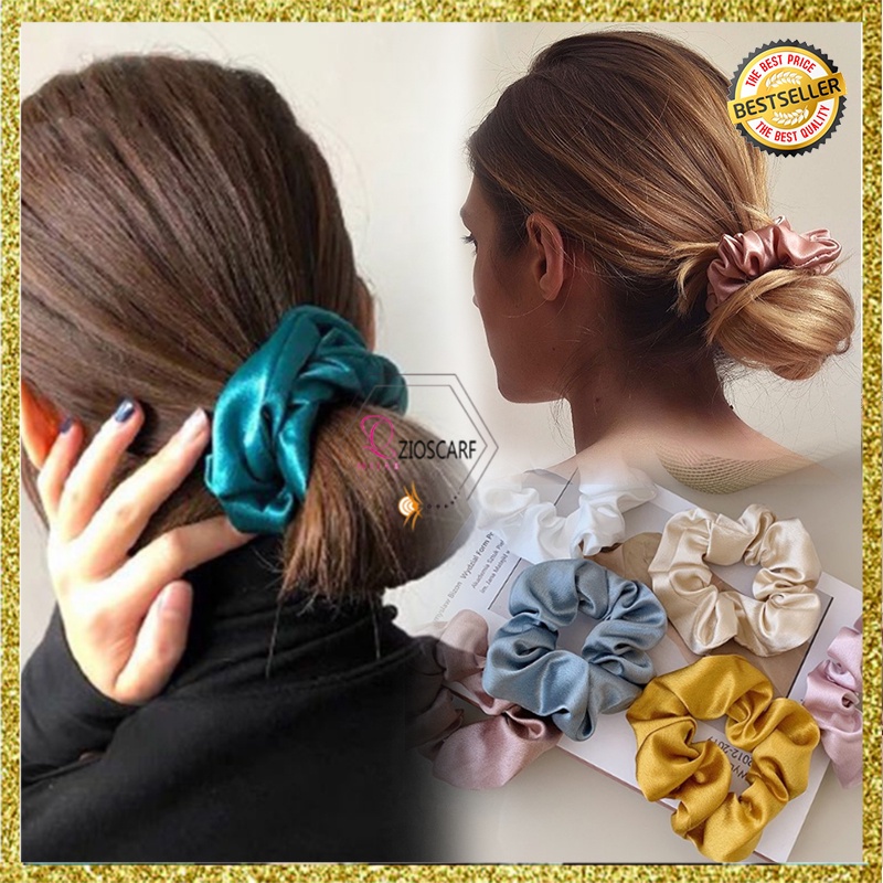 SCRUNCHIE IKAT RAMBUT KOREA WANITA AKSESORIS RAMBUT KERUT SATIN POLOS FASHION IMPORT AK52