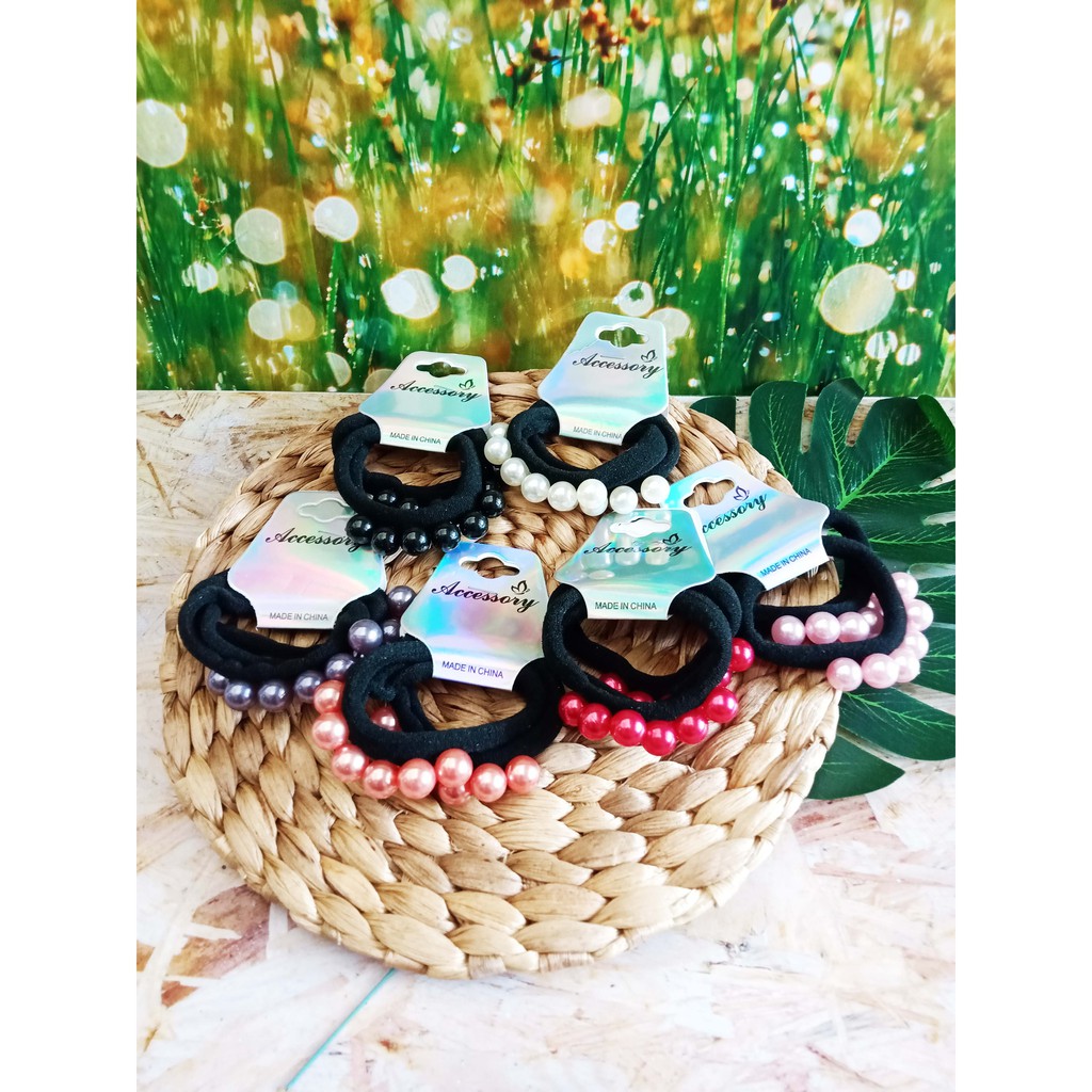 Isi 12 pcs Ikat Rambut seri Tali Karet Hitam Mutiara Multi Warna