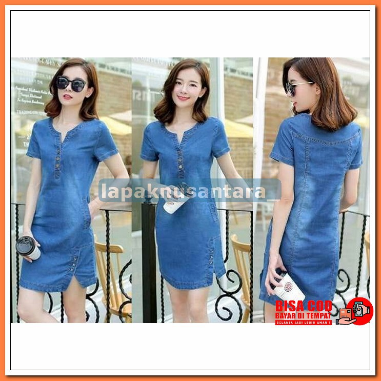 Vonda Long Dress Denim Wanita Casual Lengan Panjang Hem Asimetris CX206 [Dress Tika Denim Ro] Dress