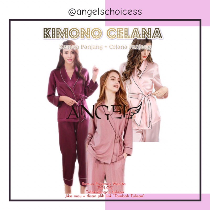 Kimono berkerah kimono list lengan panjang celana panjang kimono set wanita kimono satin
