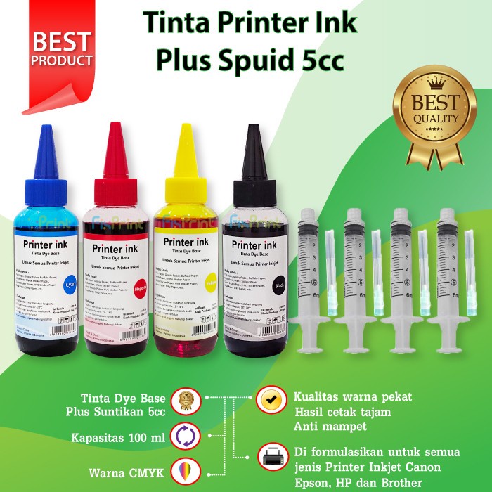 Paket Tinta CMYK + 4 Spuid XP CNON EPSN BRTHR Universal Ink Best Quality 100ml