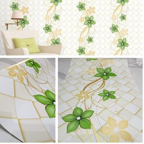 Wallpaper Dinding / Wallpaper Sticker BUNGA HIJAU KOTAK GOLD