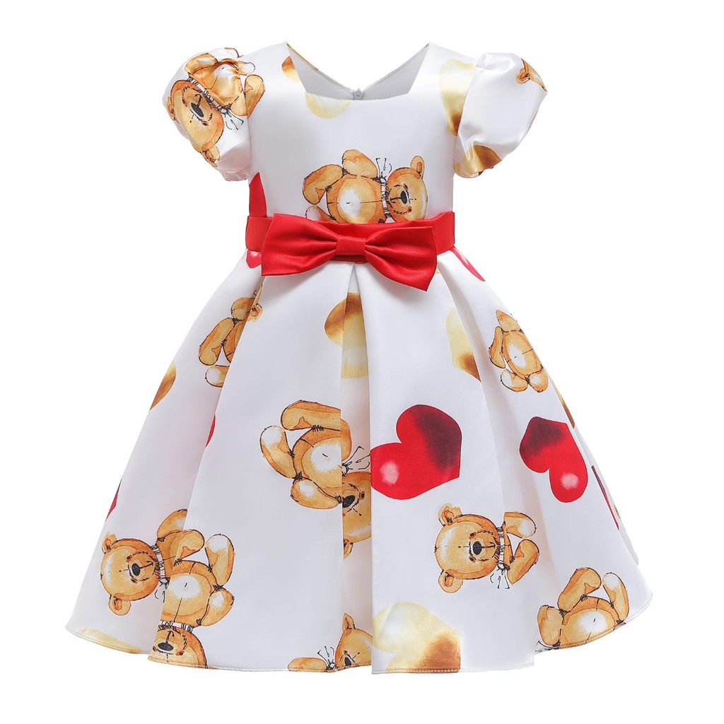 PRINCESS BEAR DRESS / DRES GAUN PESTA ANAK PEREMPUAN MOTIF BONEKA BERUANG PUTIH NUDE KOREA IMPOR