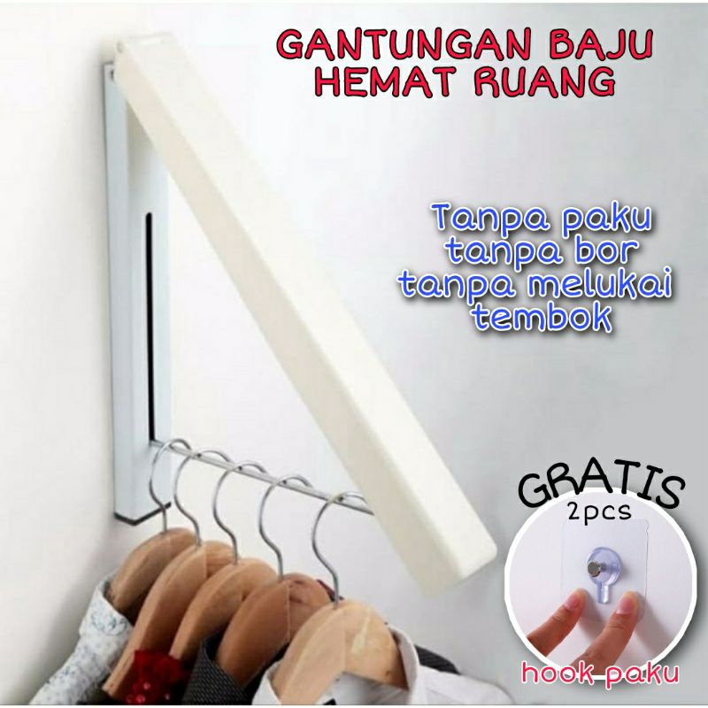 Hanger Lipat HEMAT RUANG Gantungan Baju Invisible Gratis Hook Paku Jemuran Dinding Gantung Baju Tas 