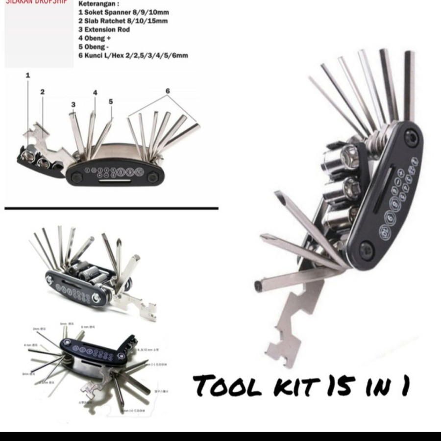 Obeng sepeda 15 in 1 kunci toolkit repair aksesoris gowes set lipat on