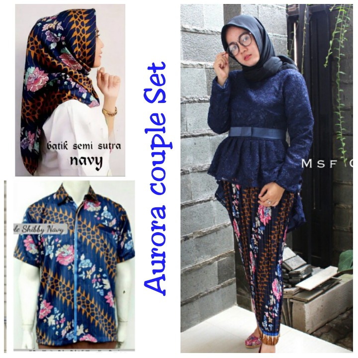 Couple Batik Set Aurora Stelan Kebaya Rok Plisket Hijab Wanita dan Kemeja Batik Pria