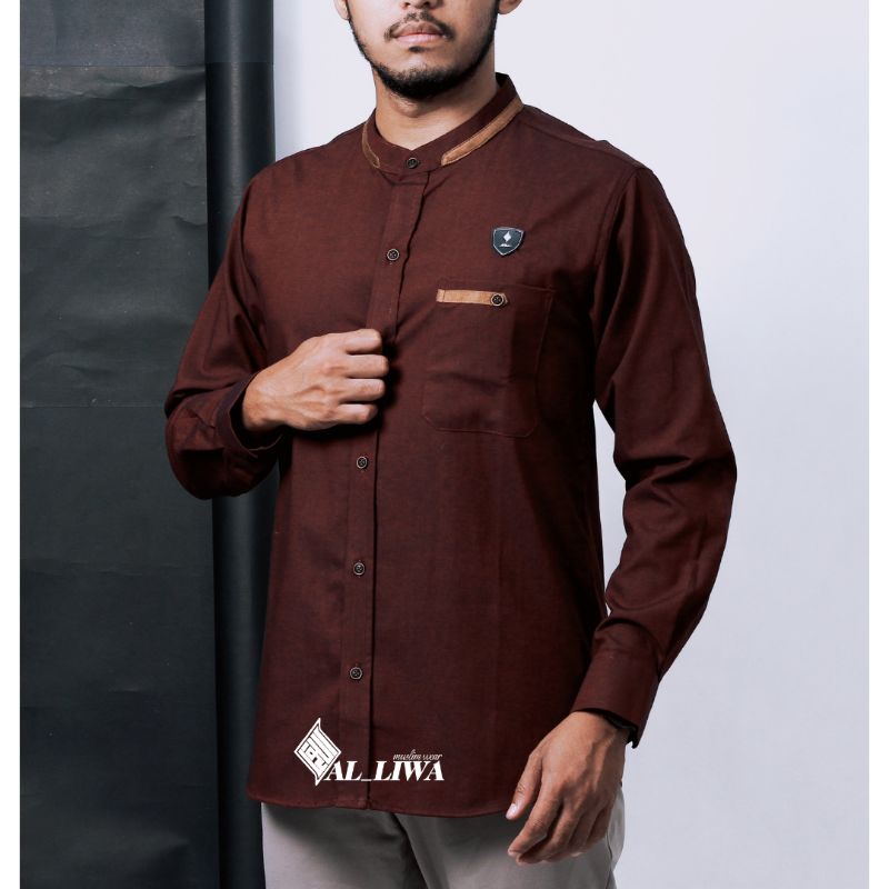 KEMEJA KOKO KURTA PRIA BERKUALITAS LENGAN PANJANG WARNA MAROON UKURAN M L XL