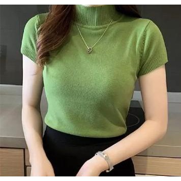 worldshop - Atasan Rajut Wanita Turtleneck - Kerah Tinggi Lengan Pendek - Knit Premium