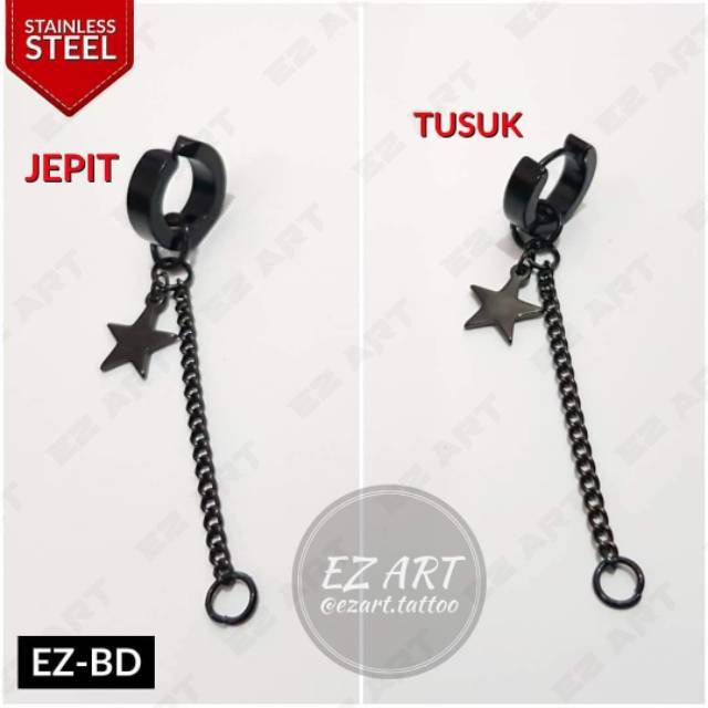 1Pc Model EZ-BD Black Hitam Anting Jepit Tusuk Variasi Bandul Punk Korea Kpop BTS