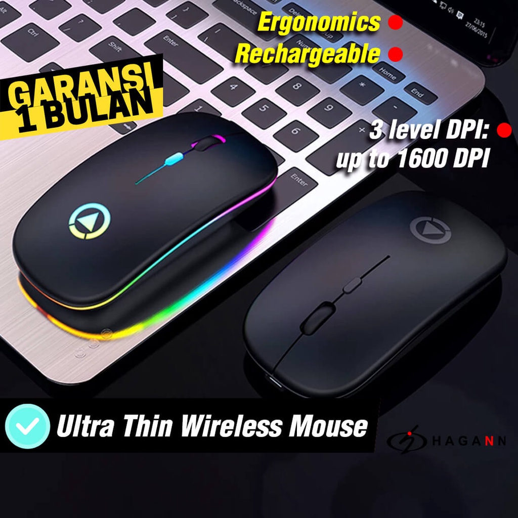 Mouse Wireless Silent Click Rechargeable Laptop Wireles RGB Led USB Unik Ergonomic Up To 1600 DPI