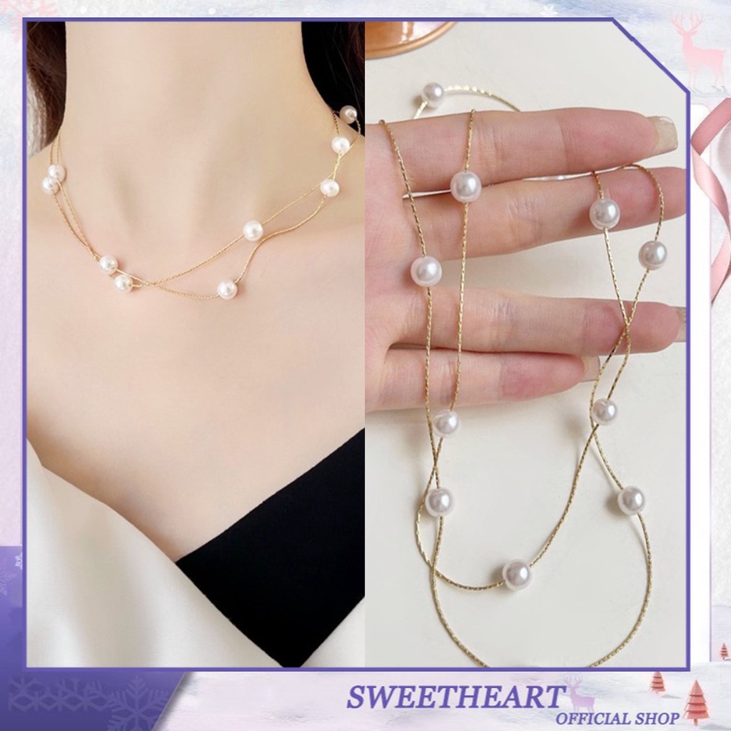 Kalung Rantai Wanita Model Lapis Ganda Aksen Mutiara Untuk Musim Panas