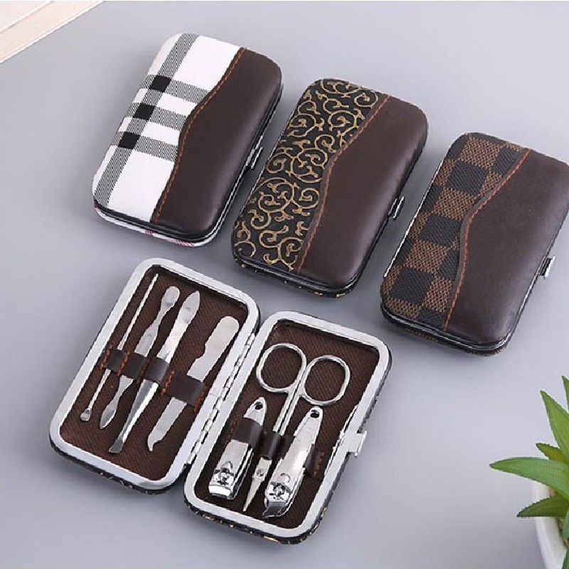 Nail Art Set 7 Pcs Gunting Kuku Dompet Cokelat Brown Pouch Perlengkapan Manicure Pedicure