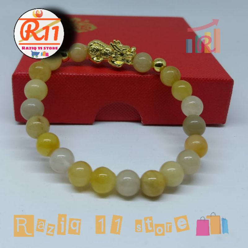 Gelang Batu Giok Asli Natural Kombinasi Warna Kuning Pixiu