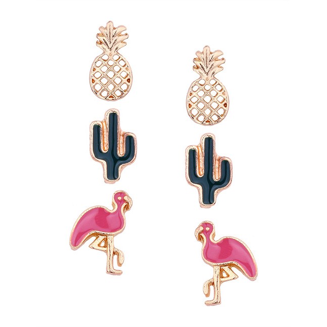 LRC Anting Tusuk Fashion Gold Color Flamingos Shape Decorated Earrings(3pcs)