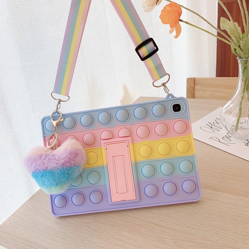 Samsung Galaxy Tab A7 Lite 8.7 2021 SM-T220 T225 Lanyard Rainbow Pattern Soft Silicone Case With Stand 3D Decompression Particle Shockproof Cover-Rainbow+(Pendant)