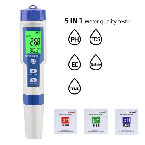 pH TDS EC Salinity Temperature Meter Tester Pen Waterproof 5in1 Digital Water Quality Tester EZ-9909SP