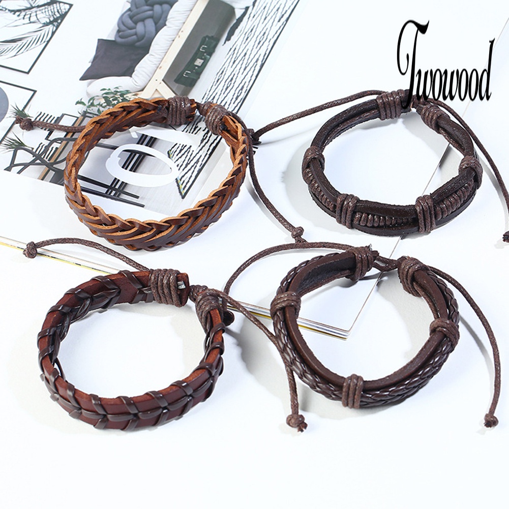 12pcs / Set Gelang Multilayer Bahan Kulit Imitasi Gaya Vintage Untuk Pria