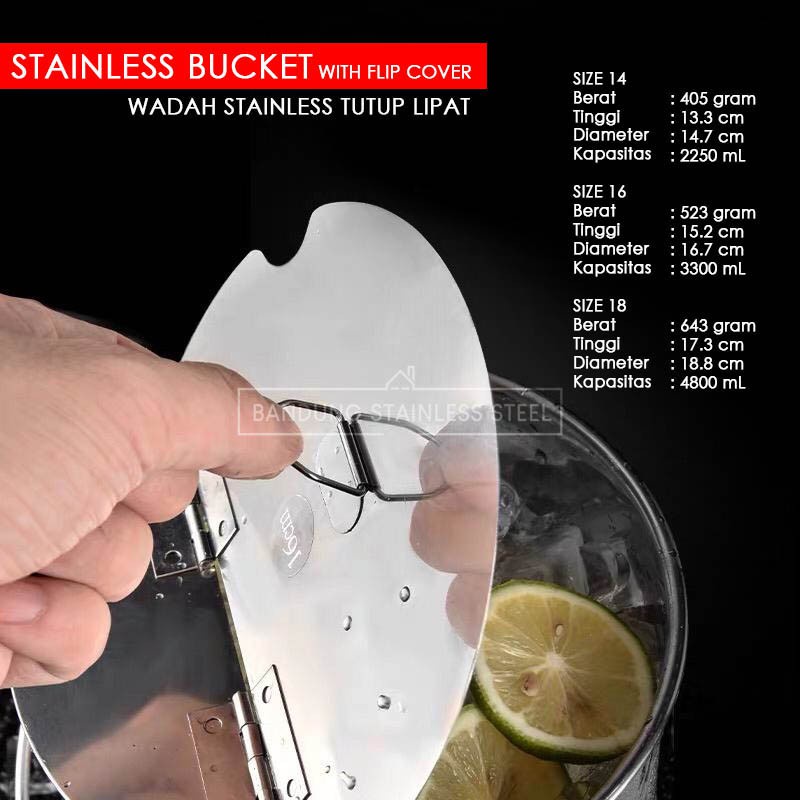 WADAH STAINLESS TUTUP LIPAT BUCKET 3 SIZE FLIP ES BUAH BUBBLE BOBA KUAT KOKOH BAHAN TEBAL